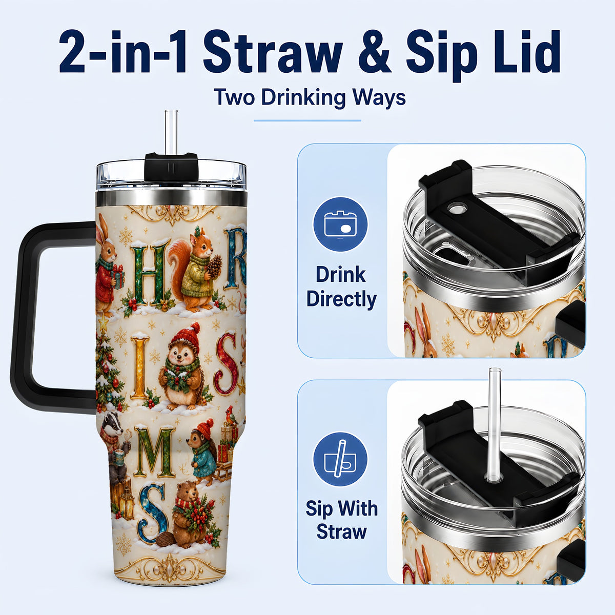 #pl[40oz|Black] Woodland Christmas 40oz Tumbler with Handle, Holiday Letter Travel Cup