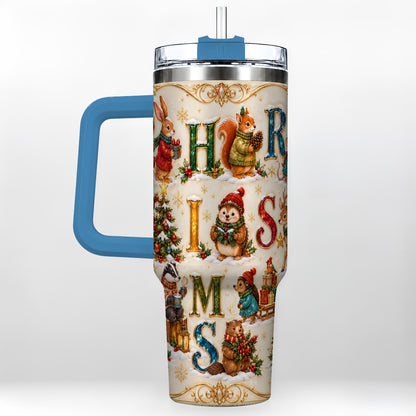 #pl[40oz|Blue] Woodland Christmas 40oz Tumbler with Handle, Holiday Letter Travel Cup