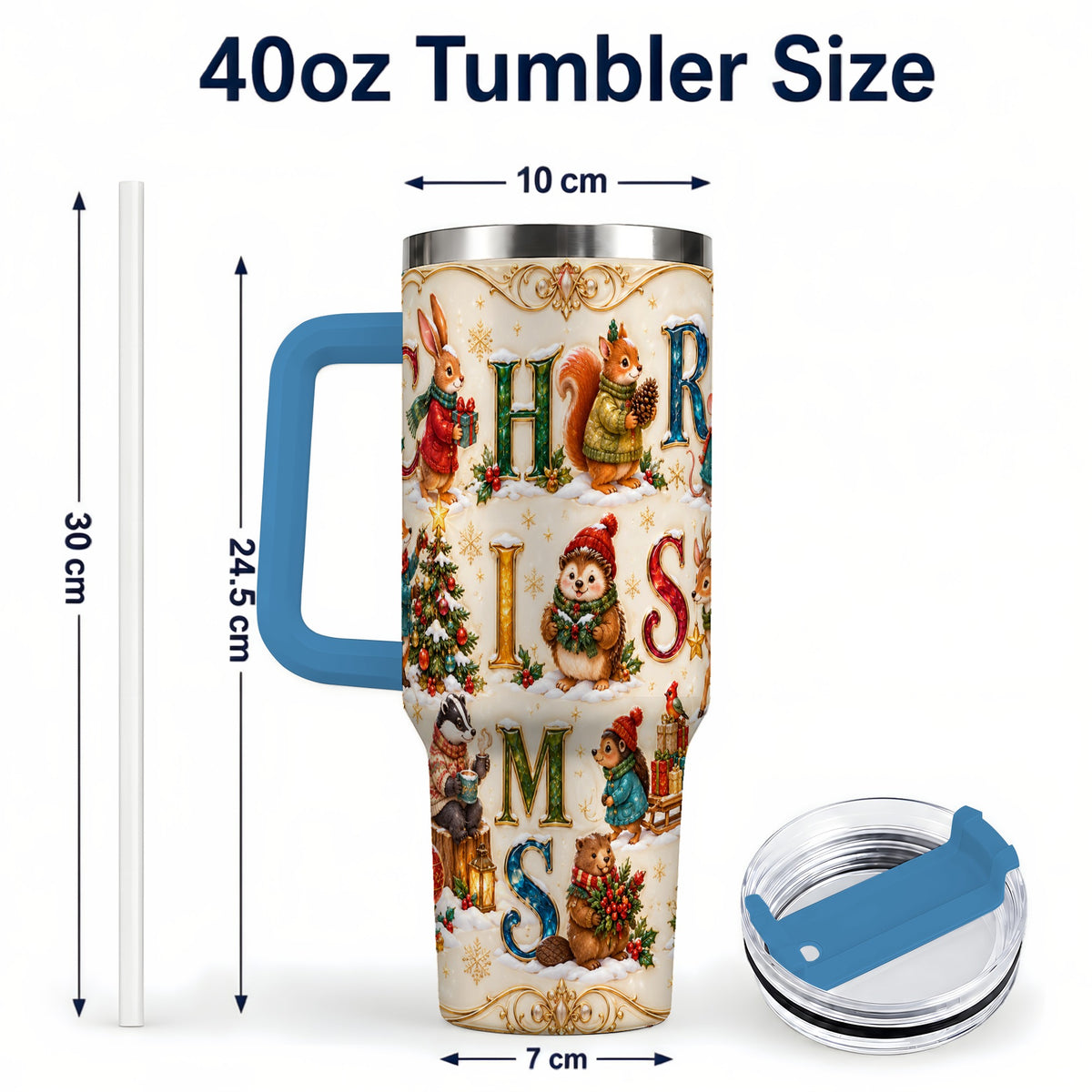 #pl[40oz|Blue] Woodland Christmas 40oz Tumbler with Handle, Holiday Letter Travel Cup