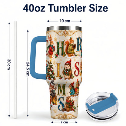 #pl[40oz|Blue] Woodland Christmas 40oz Tumbler with Handle, Holiday Letter Travel Cup