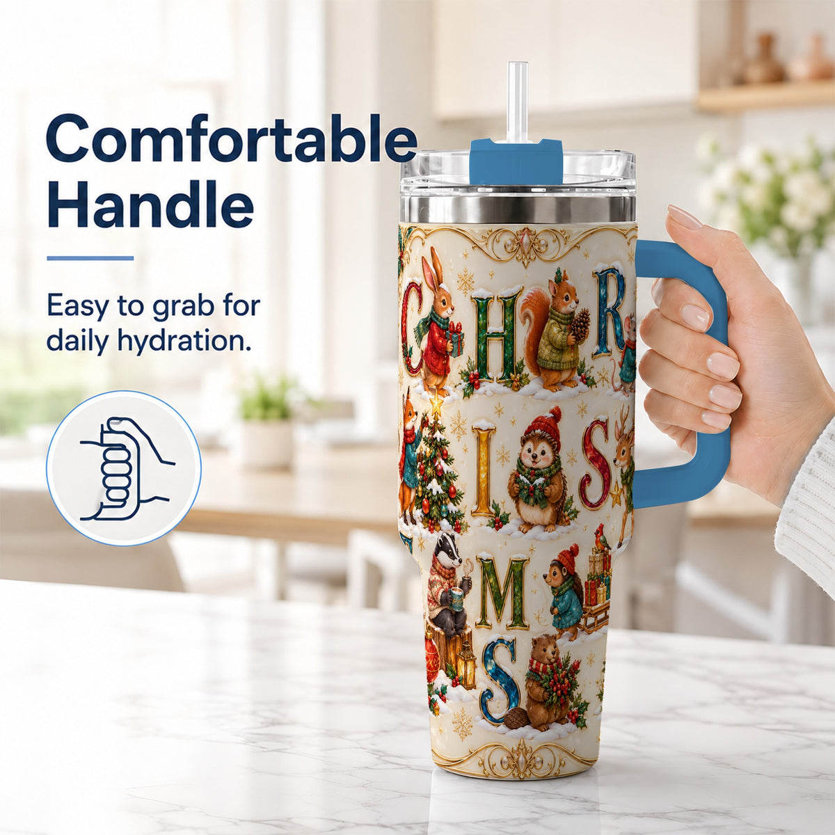 #pl[40oz|Blue] Woodland Christmas 40oz Tumbler with Handle, Holiday Letter Travel Cup