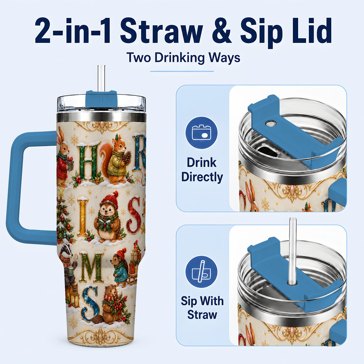 #pl[40oz|Blue] Woodland Christmas 40oz Tumbler with Handle, Holiday Letter Travel Cup