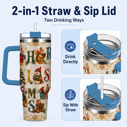 #pl[40oz|Blue] Woodland Christmas 40oz Tumbler with Handle, Holiday Letter Travel Cup