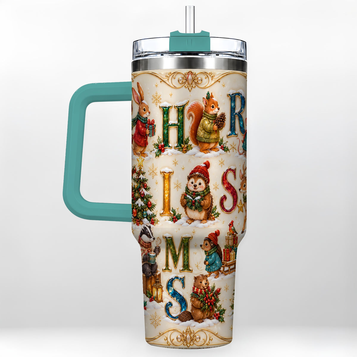 #pl[40oz|Green] Woodland Christmas 40oz Tumbler with Handle, Holiday Letter Travel Cup