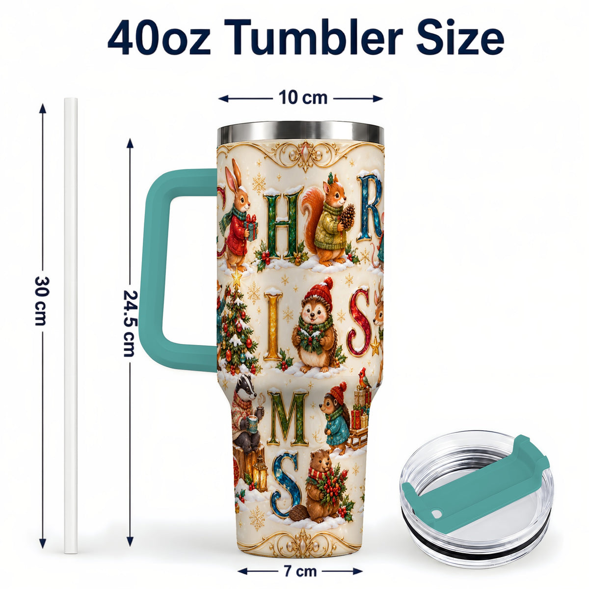 #pl[40oz|Green] Woodland Christmas 40oz Tumbler with Handle, Holiday Letter Travel Cup