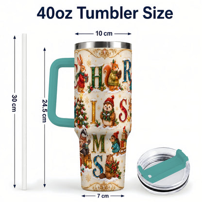 #pl[40oz|Green] Woodland Christmas 40oz Tumbler with Handle, Holiday Letter Travel Cup