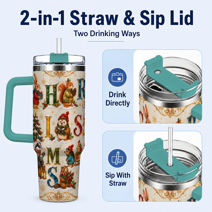 #pl[40oz|Green] Woodland Christmas 40oz Tumbler with Handle, Holiday Letter Travel Cup