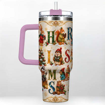 #pl[40oz|Pink] Woodland Christmas 40oz Tumbler with Handle, Holiday Letter Travel Cup