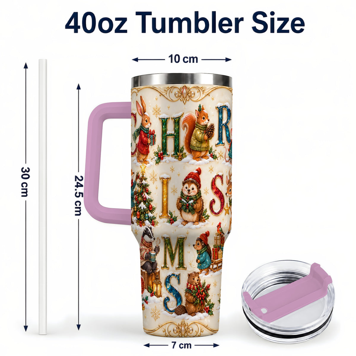 #pl[40oz|Pink] Woodland Christmas 40oz Tumbler with Handle, Holiday Letter Travel Cup