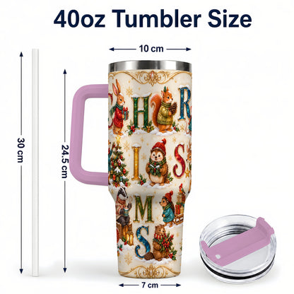 #pl[40oz|Pink] Woodland Christmas 40oz Tumbler with Handle, Holiday Letter Travel Cup
