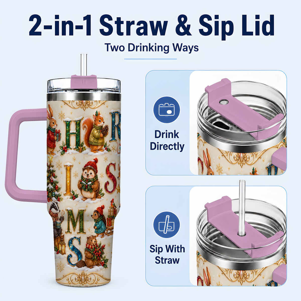 #pl[40oz|Pink] Woodland Christmas 40oz Tumbler with Handle, Holiday Letter Travel Cup