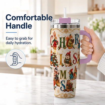 #pl[40oz|Pink] Woodland Christmas 40oz Tumbler with Handle, Holiday Letter Travel Cup