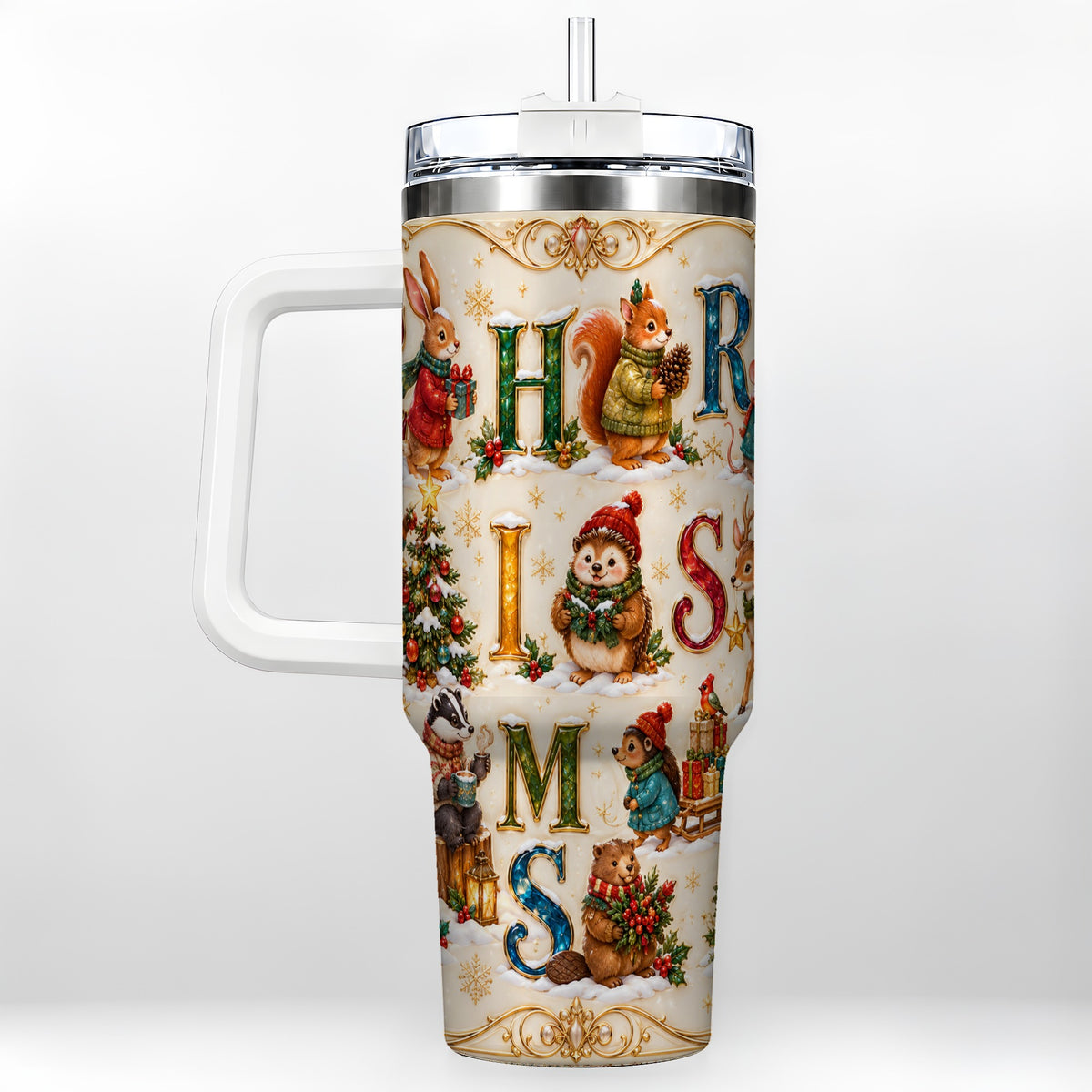 Woodland Christmas 40oz Tumbler with Handle, Holiday Letter Travel Cup