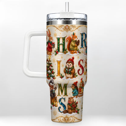 Woodland Christmas 40oz Tumbler with Handle, Holiday Letter Travel Cup