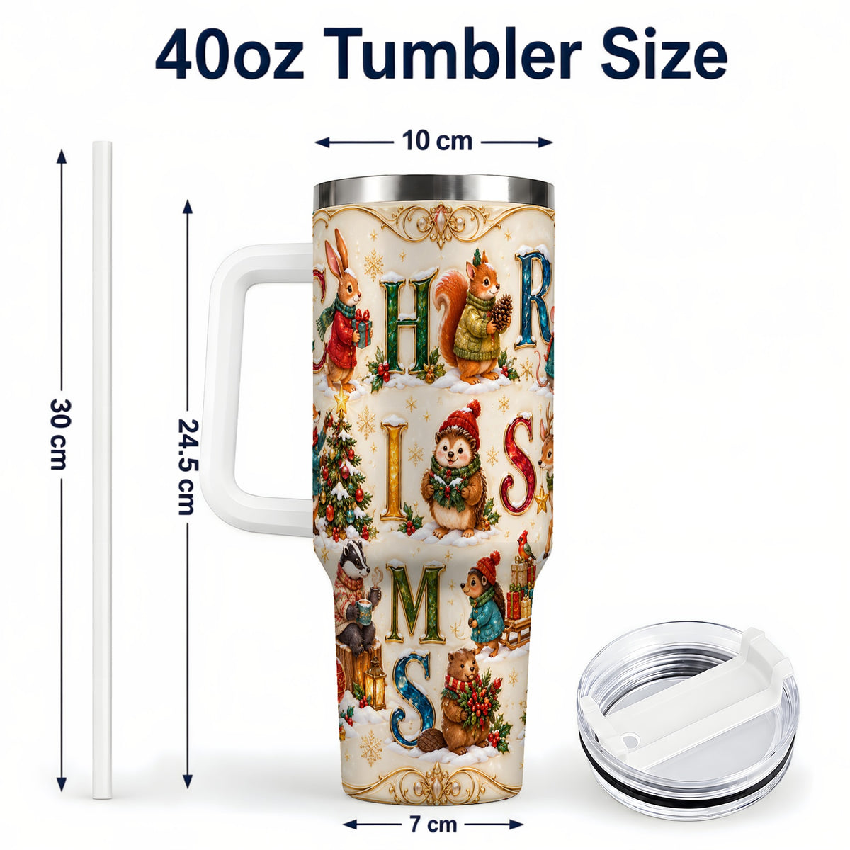 #pl[40oz|White] Woodland Christmas 40oz Tumbler with Handle, Holiday Letter Travel Cup