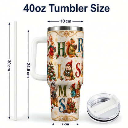#pl[40oz|White] Woodland Christmas 40oz Tumbler with Handle, Holiday Letter Travel Cup
