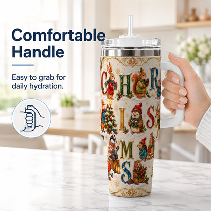#pl[40oz|White] Woodland Christmas 40oz Tumbler with Handle, Holiday Letter Travel Cup