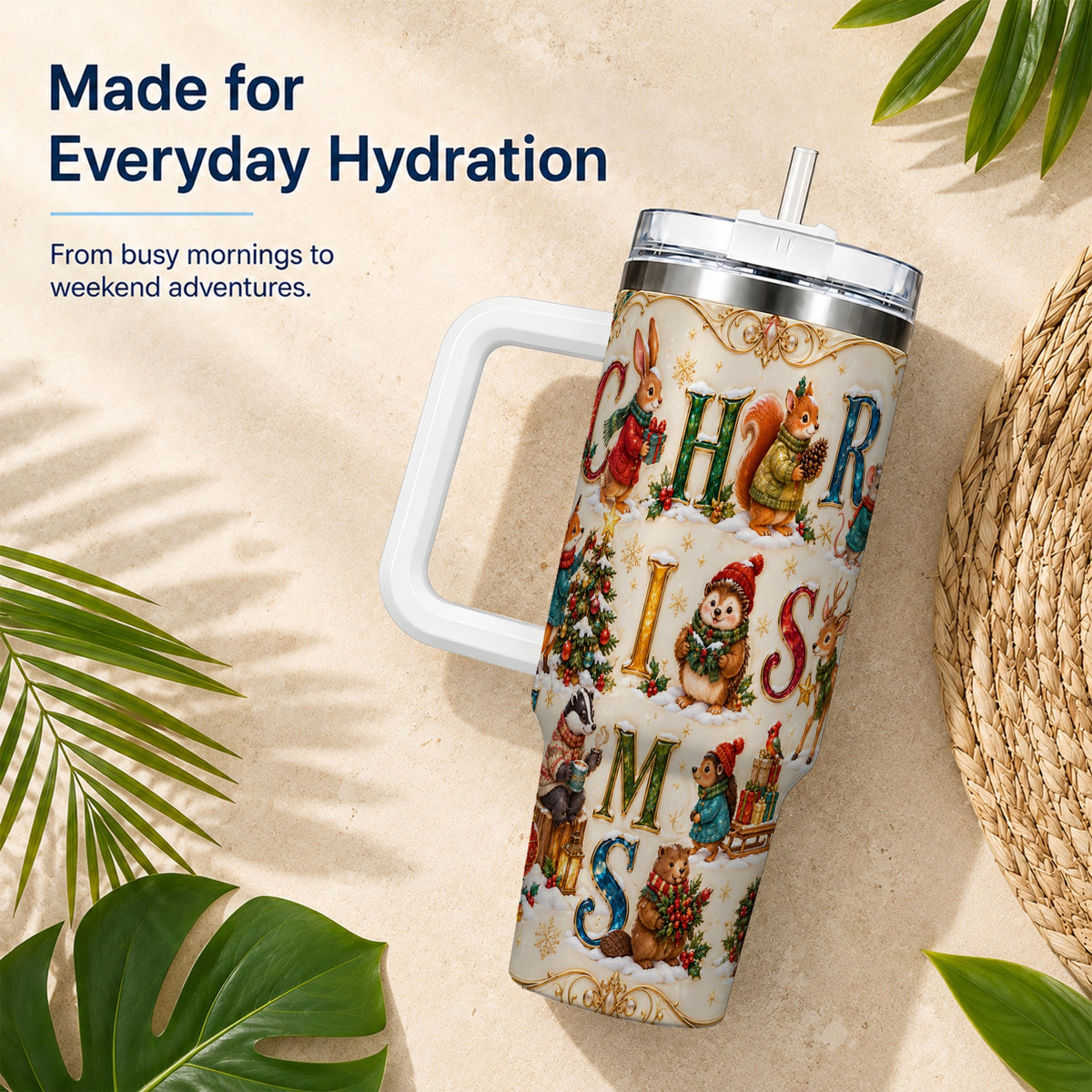 Woodland Christmas 40oz Tumbler with Handle, Holiday Letter Travel Cup
