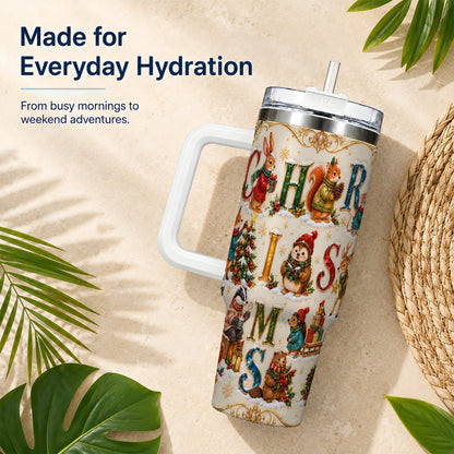 Woodland Christmas 40oz Tumbler with Handle, Holiday Letter Travel Cup