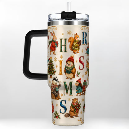 #pl[40oz|Black] Christmas Woodland Animals 40oz Tumbler with Handle, Holiday Travel Cup