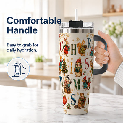 #pl[40oz|Black] Christmas Woodland Animals 40oz Tumbler with Handle, Holiday Travel Cup