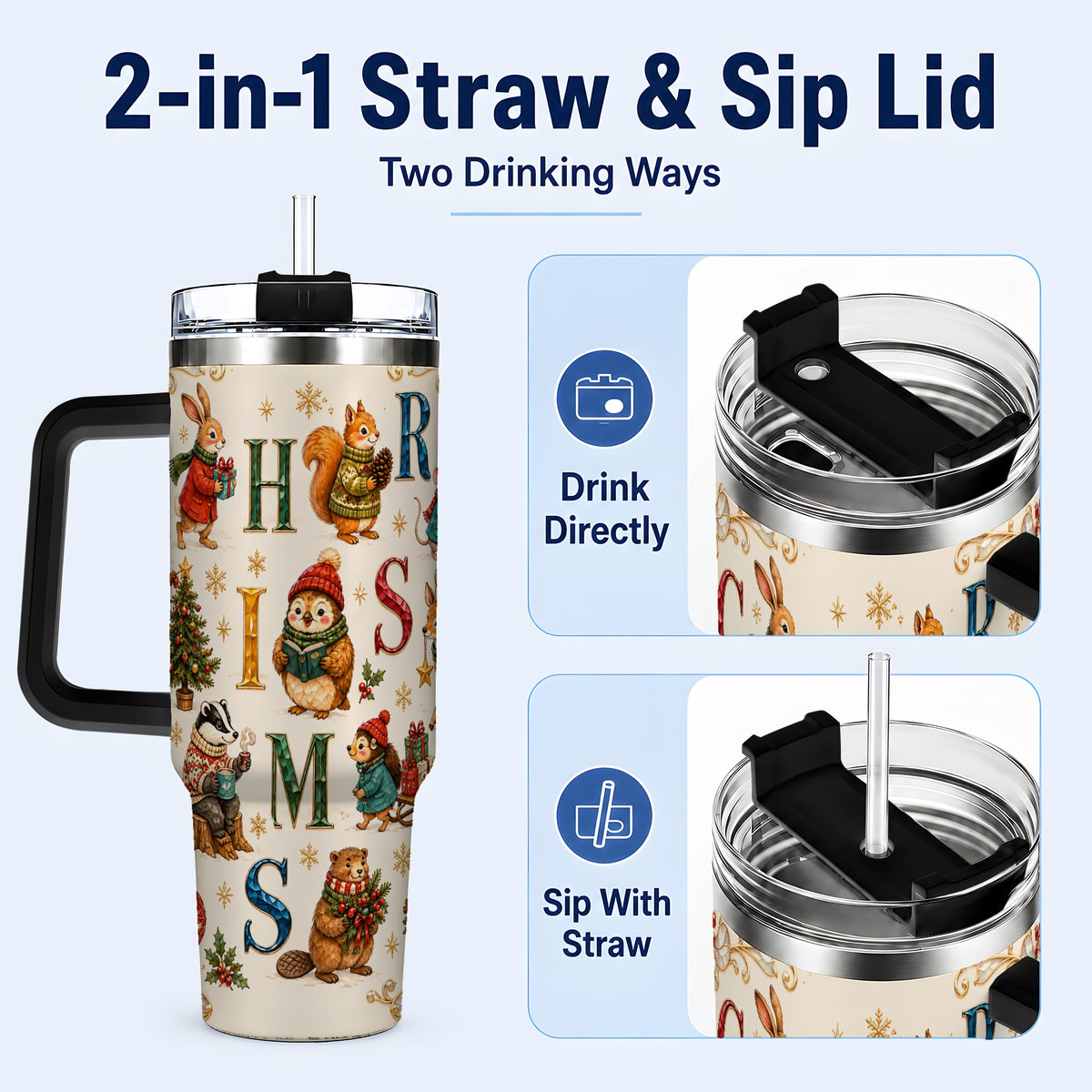 #pl[40oz|Black] Christmas Woodland Animals 40oz Tumbler with Handle, Holiday Travel Cup