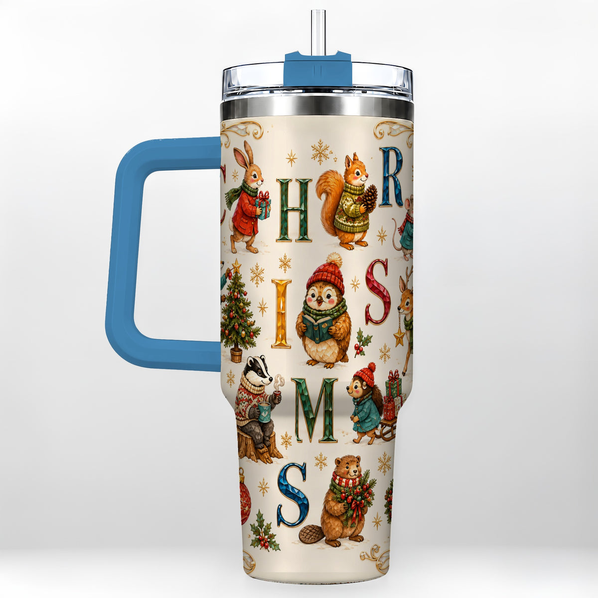#pl[40oz|Blue] Christmas Woodland Animals 40oz Tumbler with Handle, Holiday Travel Cup