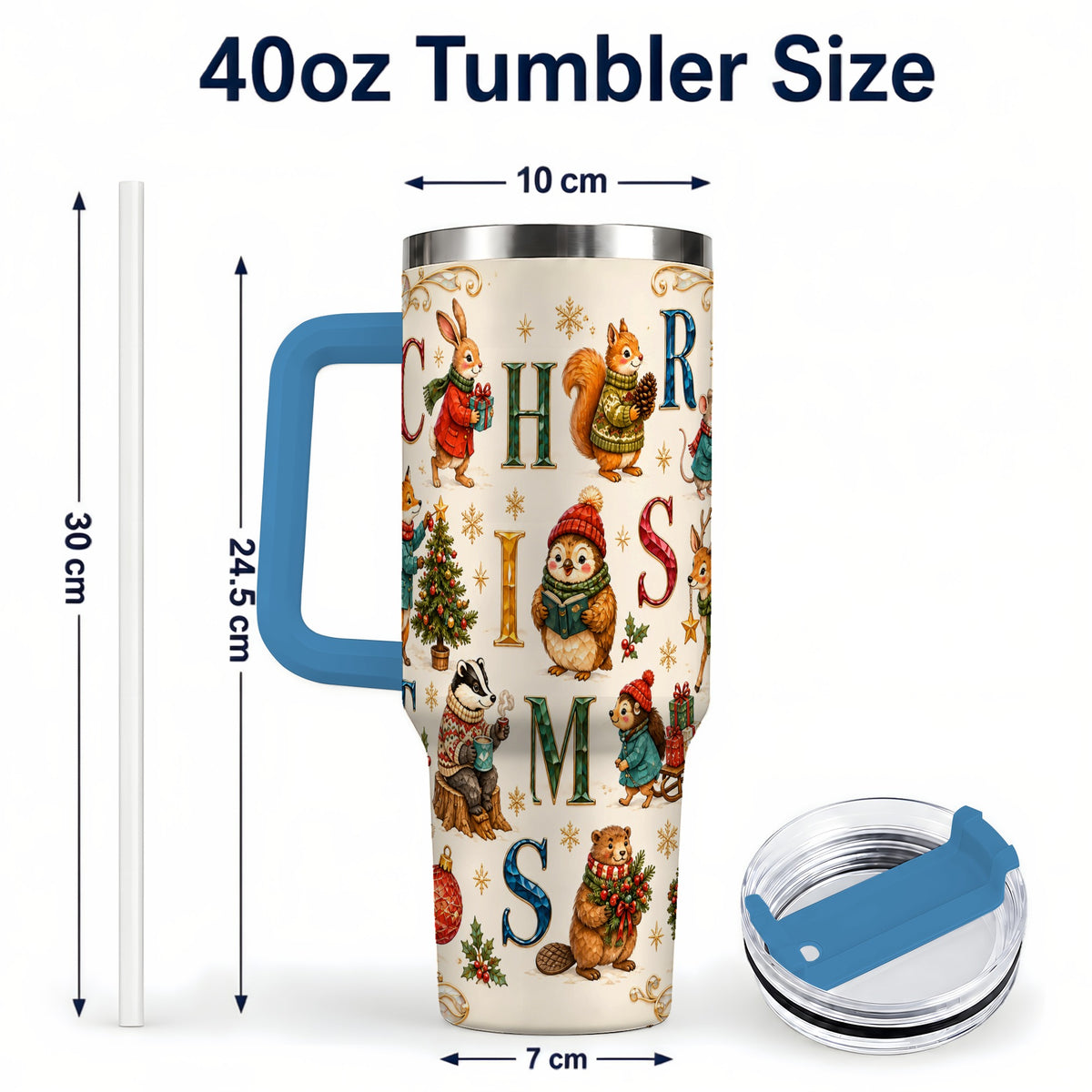 #pl[40oz|Blue] Christmas Woodland Animals 40oz Tumbler with Handle, Holiday Travel Cup