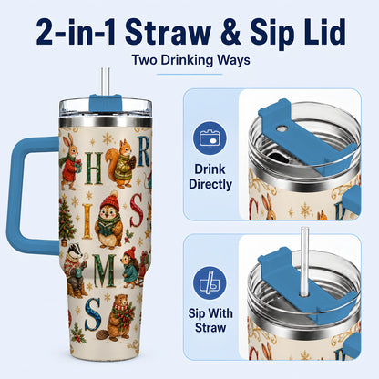 #pl[40oz|Blue] Christmas Woodland Animals 40oz Tumbler with Handle, Holiday Travel Cup