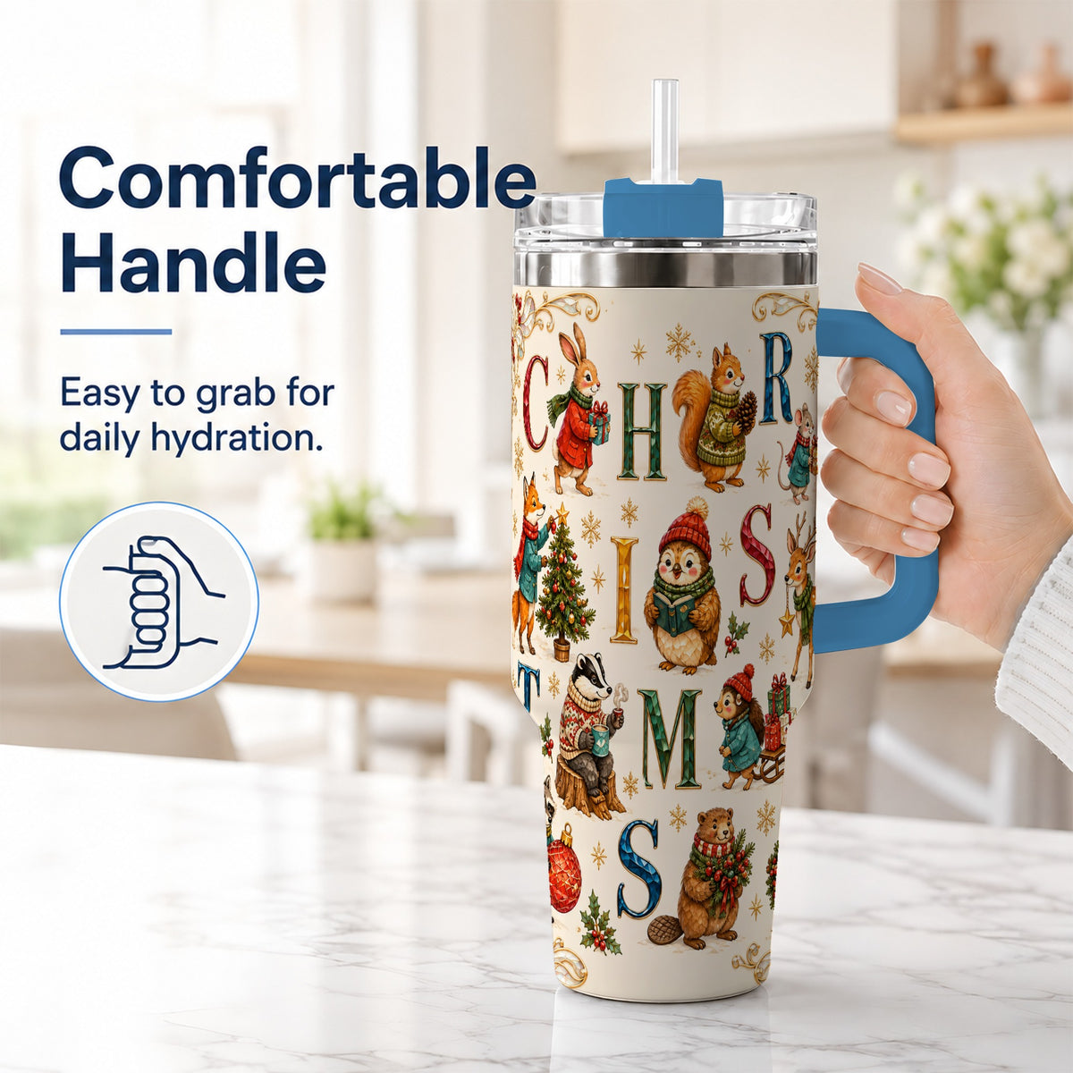 #pl[40oz|Blue] Christmas Woodland Animals 40oz Tumbler with Handle, Holiday Travel Cup