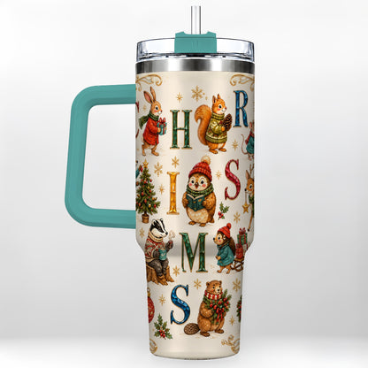 #pl[40oz|Green] Christmas Woodland Animals 40oz Tumbler with Handle, Holiday Travel Cup