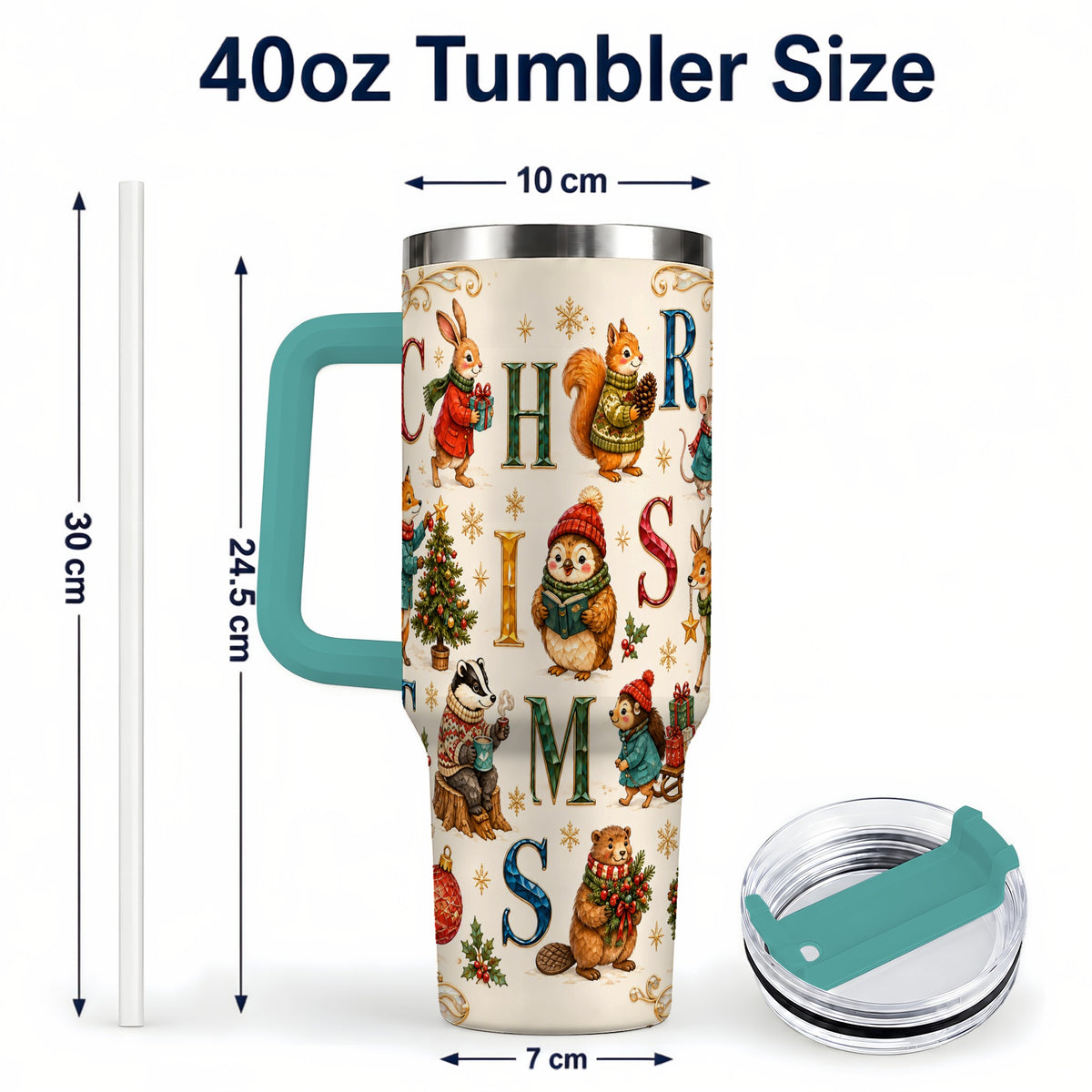 #pl[40oz|Green] Christmas Woodland Animals 40oz Tumbler with Handle, Holiday Travel Cup