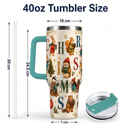 #pl[40oz|Green] Christmas Woodland Animals 40oz Tumbler with Handle, Holiday Travel Cup
