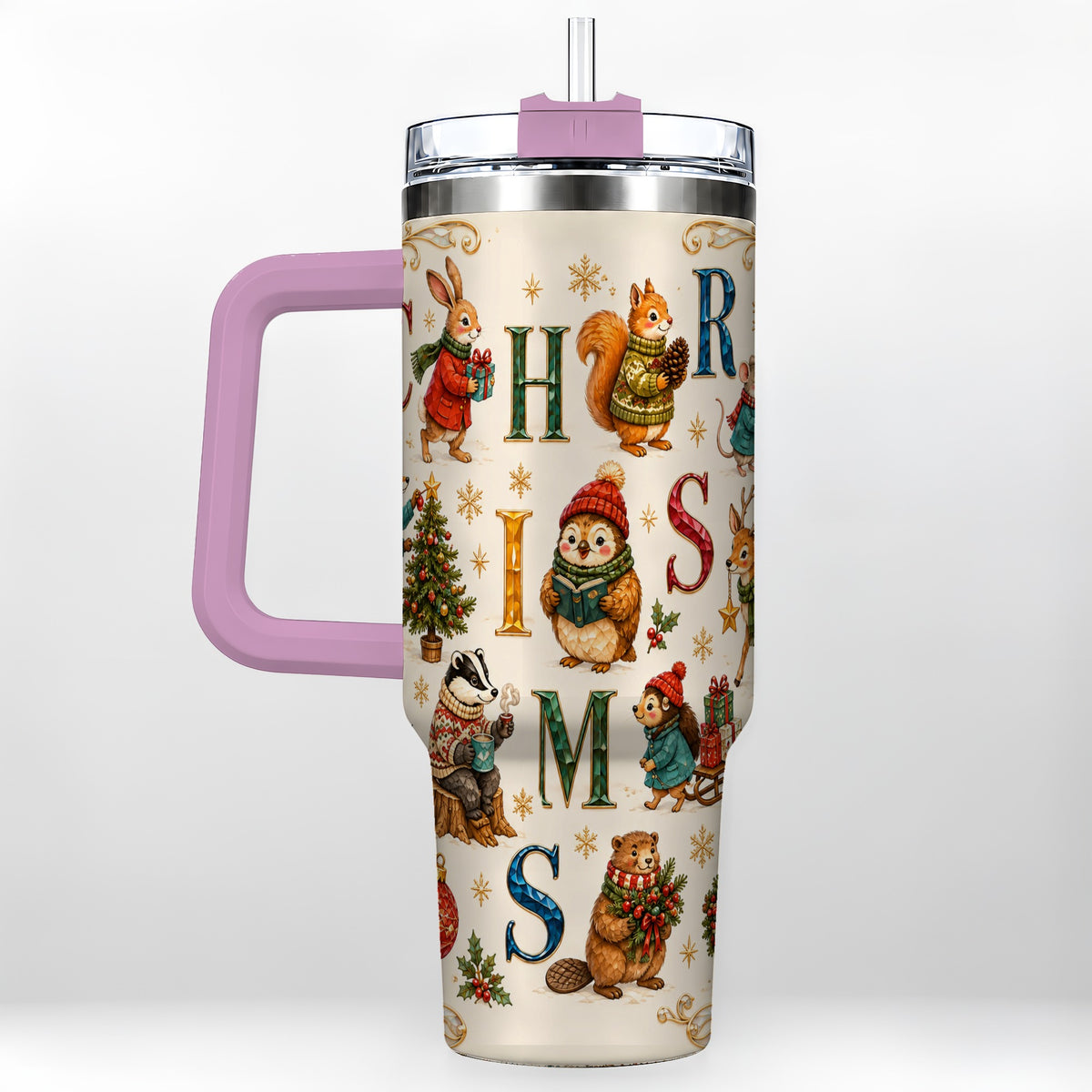 #pl[40oz|Pink] Christmas Woodland Animals 40oz Tumbler with Handle, Holiday Travel Cup