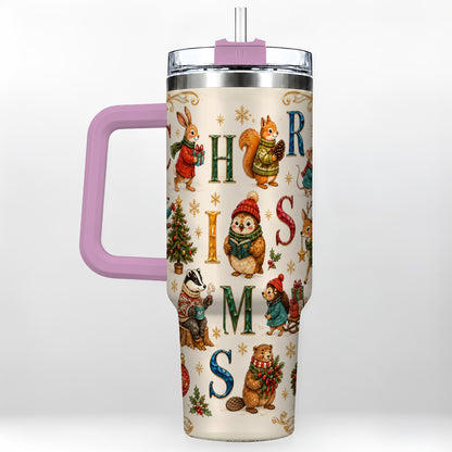 #pl[40oz|Pink] Christmas Woodland Animals 40oz Tumbler with Handle, Holiday Travel Cup