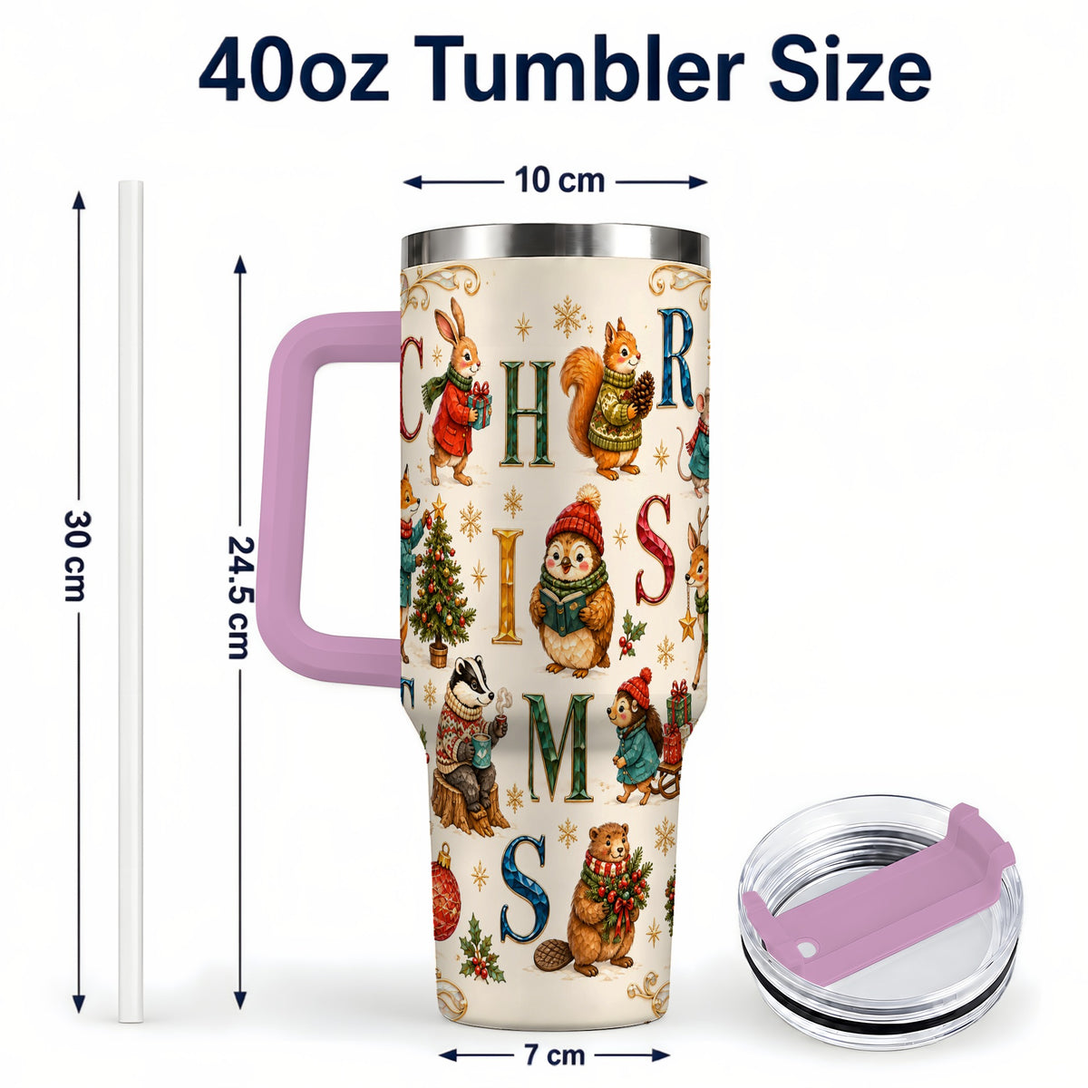 #pl[40oz|Pink] Christmas Woodland Animals 40oz Tumbler with Handle, Holiday Travel Cup