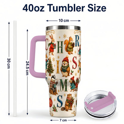 #pl[40oz|Pink] Christmas Woodland Animals 40oz Tumbler with Handle, Holiday Travel Cup