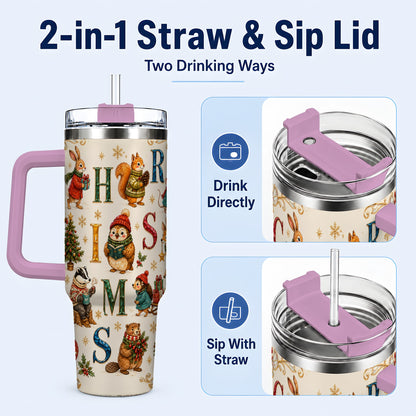 #pl[40oz|Pink] Christmas Woodland Animals 40oz Tumbler with Handle, Holiday Travel Cup