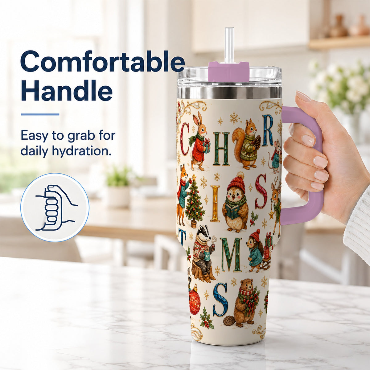 #pl[40oz|Pink] Christmas Woodland Animals 40oz Tumbler with Handle, Holiday Travel Cup