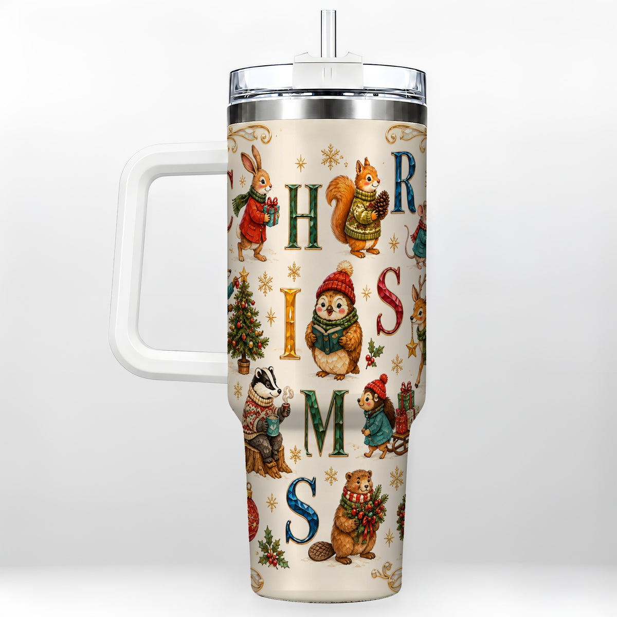 Christmas Woodland Animals 40oz Tumbler with Handle, Holiday Travel Cup