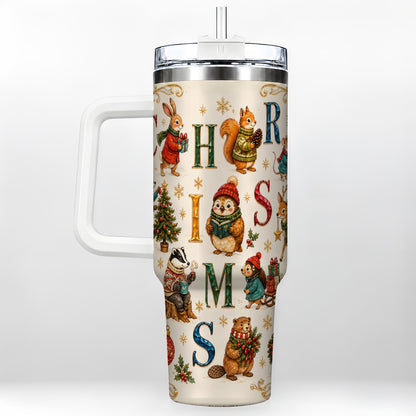 Christmas Woodland Animals 40oz Tumbler with Handle, Holiday Travel Cup