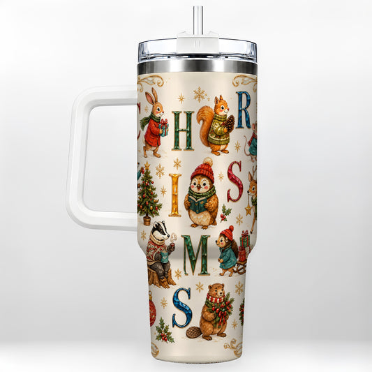 Christmas Woodland Animals 40oz Tumbler with Handle, Holiday Travel Cup