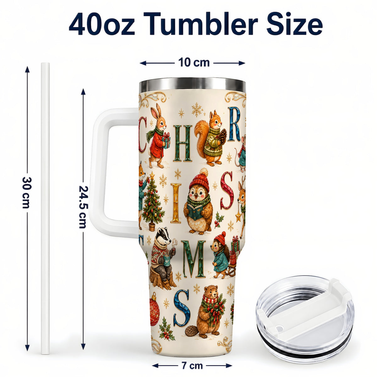 #pl[40oz|White] Christmas Woodland Animals 40oz Tumbler with Handle, Holiday Travel Cup