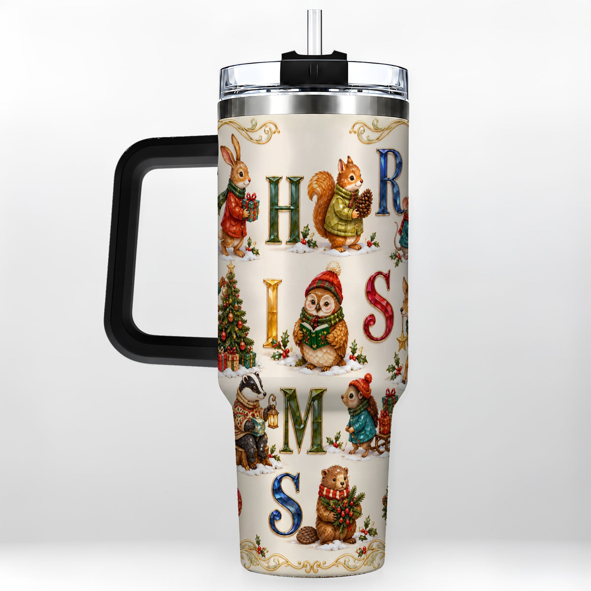#pl[40oz|Black] Festive Woodland Animals 40oz Tumbler with Handle, Christmas Travel Cup