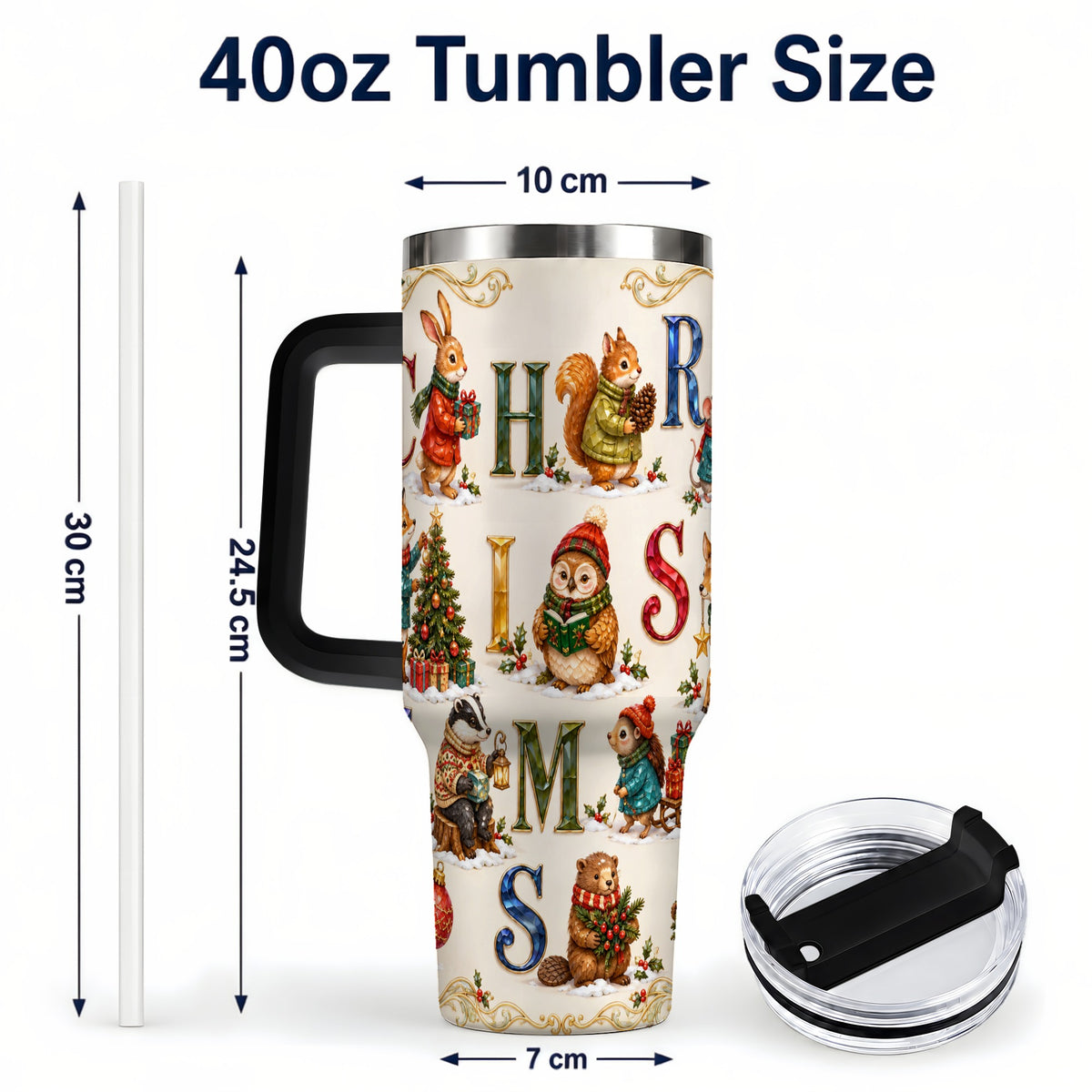 #pl[40oz|Black] Festive Woodland Animals 40oz Tumbler with Handle, Christmas Travel Cup