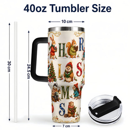 #pl[40oz|Black] Festive Woodland Animals 40oz Tumbler with Handle, Christmas Travel Cup