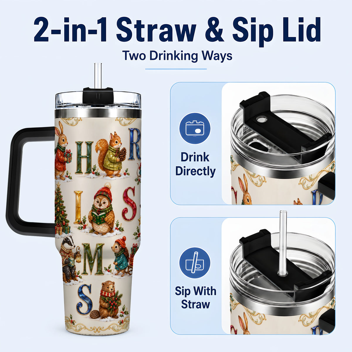 #pl[40oz|Black] Festive Woodland Animals 40oz Tumbler with Handle, Christmas Travel Cup