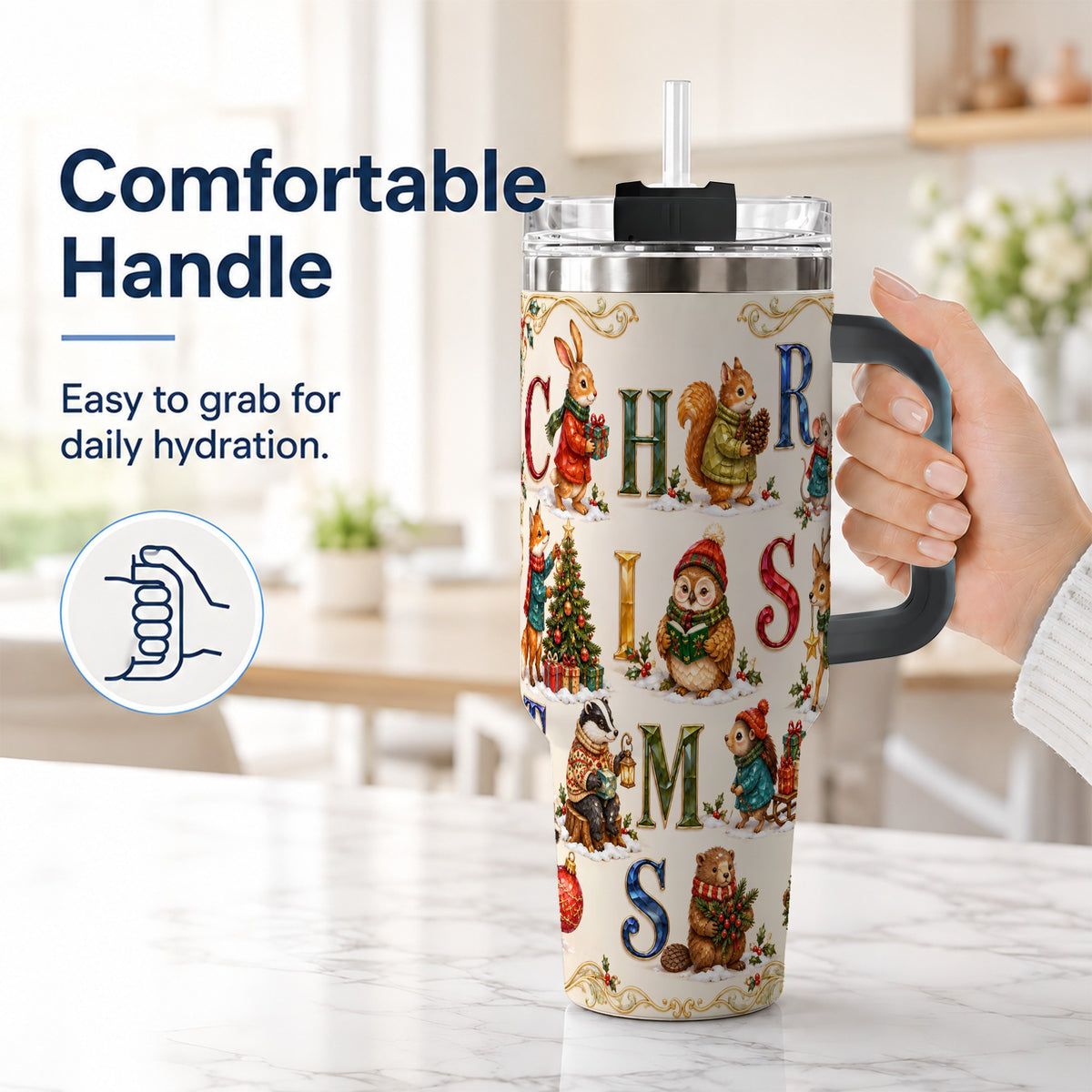 #pl[40oz|Black] Festive Woodland Animals 40oz Tumbler with Handle, Christmas Travel Cup
