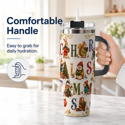 #pl[40oz|Black] Festive Woodland Animals 40oz Tumbler with Handle, Christmas Travel Cup