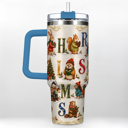 #pl[40oz|Blue] Festive Woodland Animals 40oz Tumbler with Handle, Christmas Travel Cup